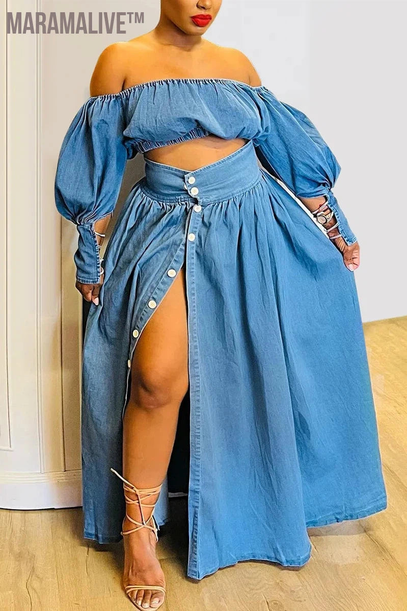 Women's Plus Size Casual Off The Shoulder Split Button Two Pieces Demin Skirt Set Lantern Sleeve Vintage Crop Top Matching Set