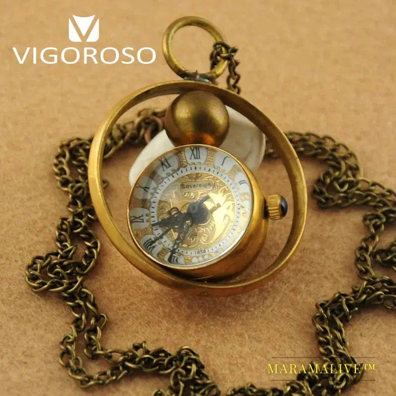 Women's Retro Necklace Pendent Vintage Mechanical Pocket Watch Ball Style Glass Brass Steel Chain Hour Clock Steampunk Unisex