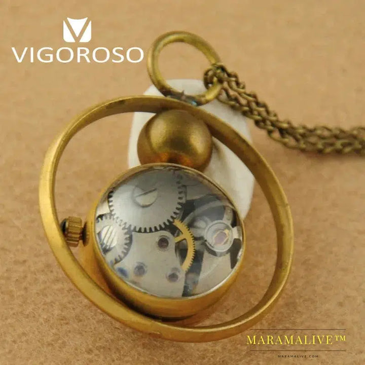 Women's Retro Necklace Pendent Vintage Mechanical Pocket Watch Ball Style Glass Brass Steel Chain Hour Clock Steampunk Unisex