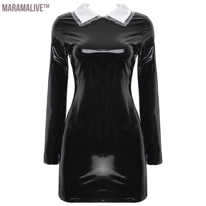 Womens Satin Collar Back Zipper Latex Bodycon Dress Glossy Patent Leather Mini Dress Gothic Dress Nun Maid Cosplay Clubwear