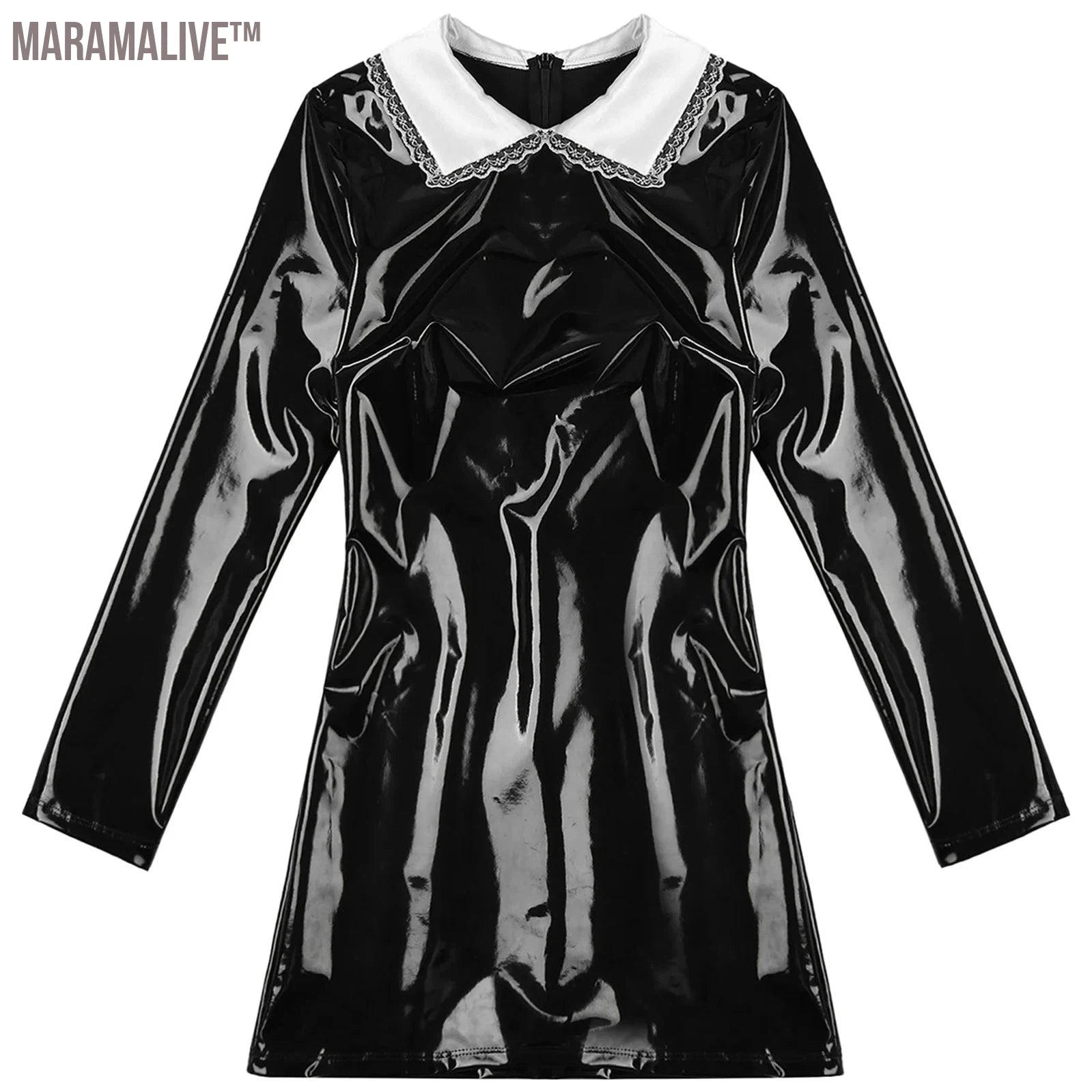 Womens Satin Collar Back Zipper Latex Bodycon Dress Glossy Patent Leather Mini Dress Gothic Dress Nun Maid Cosplay Clubwear