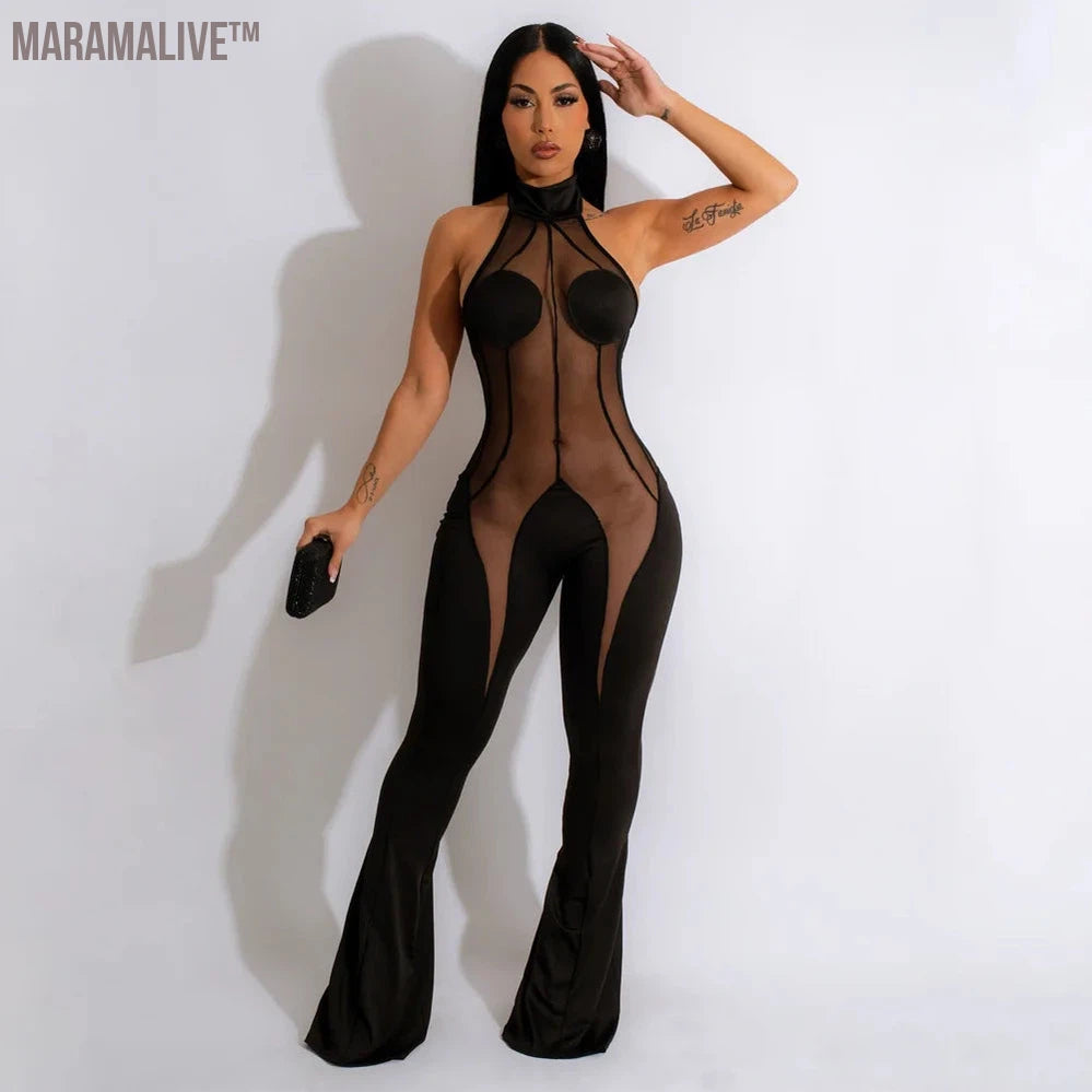 Women's Sexy Backless Flared Jumpsuits Fall Fashion Ladies Night Club Sleeveless Patchwork Mesh Bell Bottoms Jumpsuit