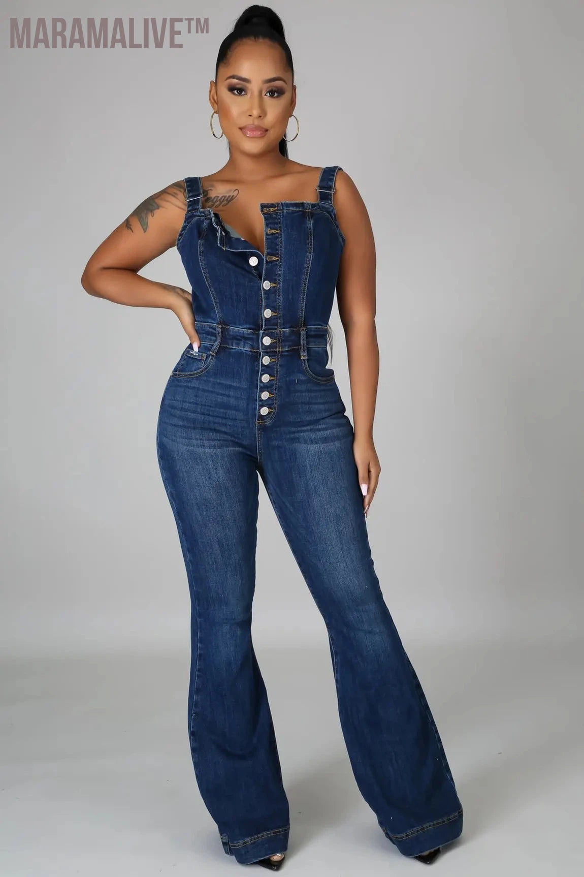 Women's Sexy Denim Suspenders Jumpsuit Summer Autumn Fashion Casual Wide Leg Jean Pants