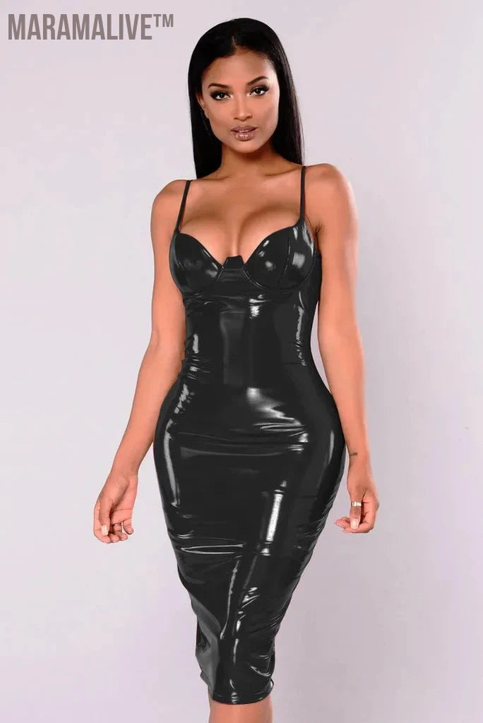 Women's Sexy Wet Look Red Black Latex PVC Dress Sling Zipper Up Shiny PU Leather Clubwear