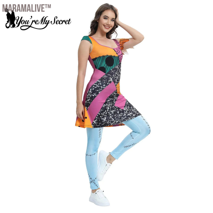 Women's Sleeveless Cosplay Sally Dress Leggings Set Halloween Nightmare Carnival Party Costume Outfit