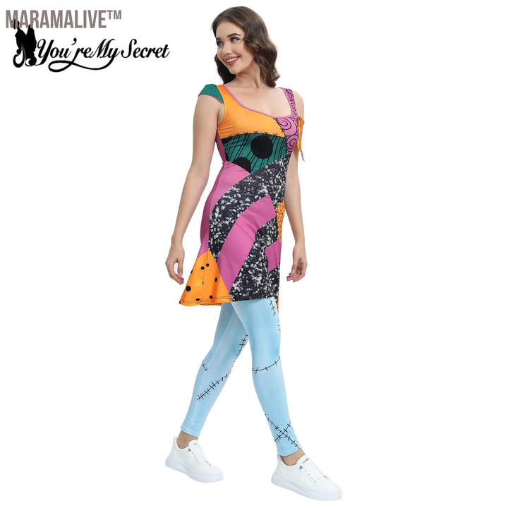 Women's Sleeveless Cosplay Sally Dress Leggings Set Halloween Nightmare Carnival Party Costume Outfit