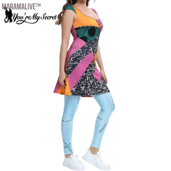 Women's Sleeveless Cosplay Sally Dress Leggings Set Halloween Nightmare Carnival Party Costume Outfit