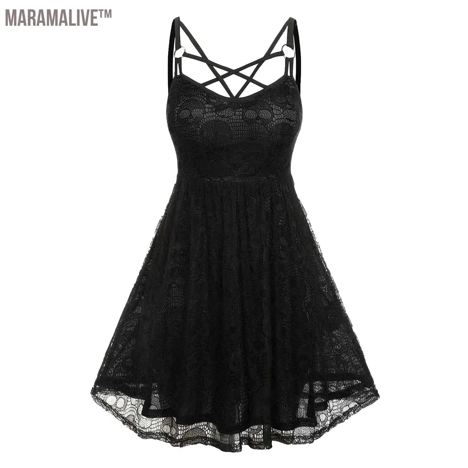 Women's Sleeveless Punk Dress Camisole Skull Print Lace Swing Dress Halloween Spaghetti Strap Steampunk Dress Goth Clothes