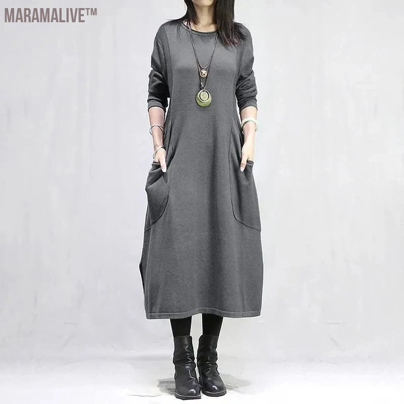 Women's Solid Round Neck Long Sleeve Loose Plus Size Midi Pockets Fashion Casual Office Lady Dress