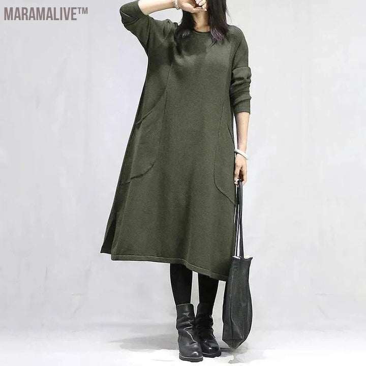 Women's Solid Round Neck Long Sleeve Loose Plus Size Midi Pockets Fashion Casual Office Lady Dress