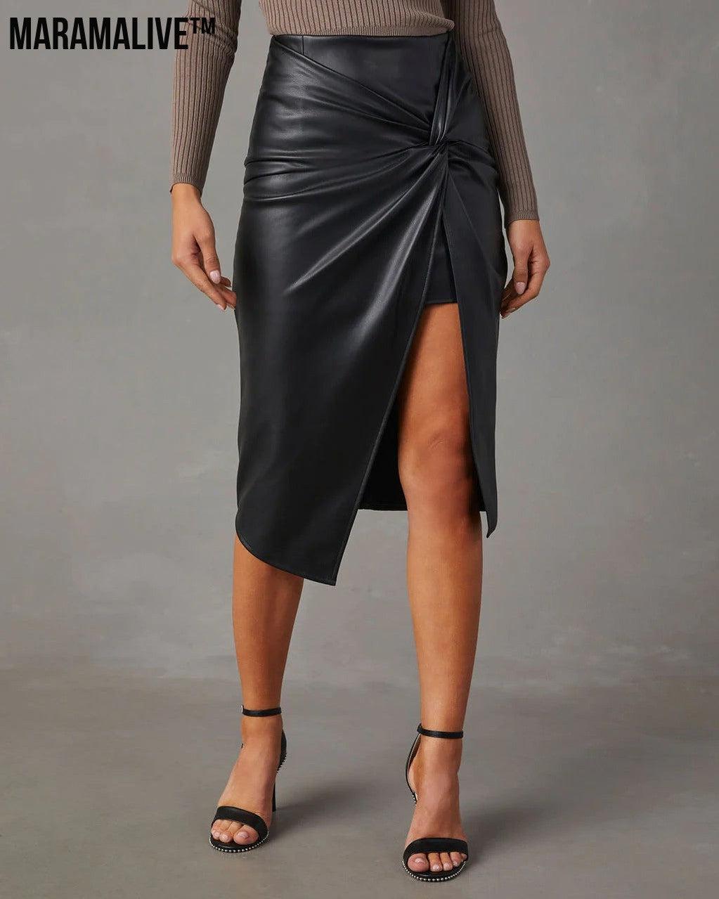 Women's Split Mid-length Hot Girl Leather Hip Skirt