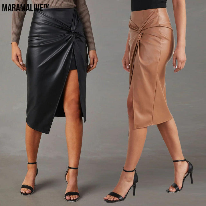 Women's Split Mid-length Hot Girl Leather Hip Skirt