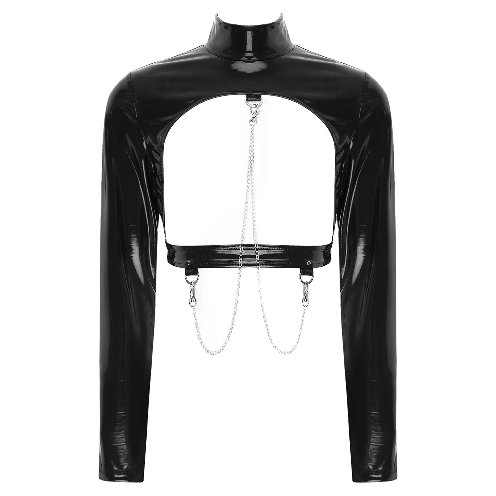 Womens Stand Collar Hollow Out Back Zipper T-shirt Crop Lingerie Open Chest Glossy Patent Leather Crop Top with Metal Chains