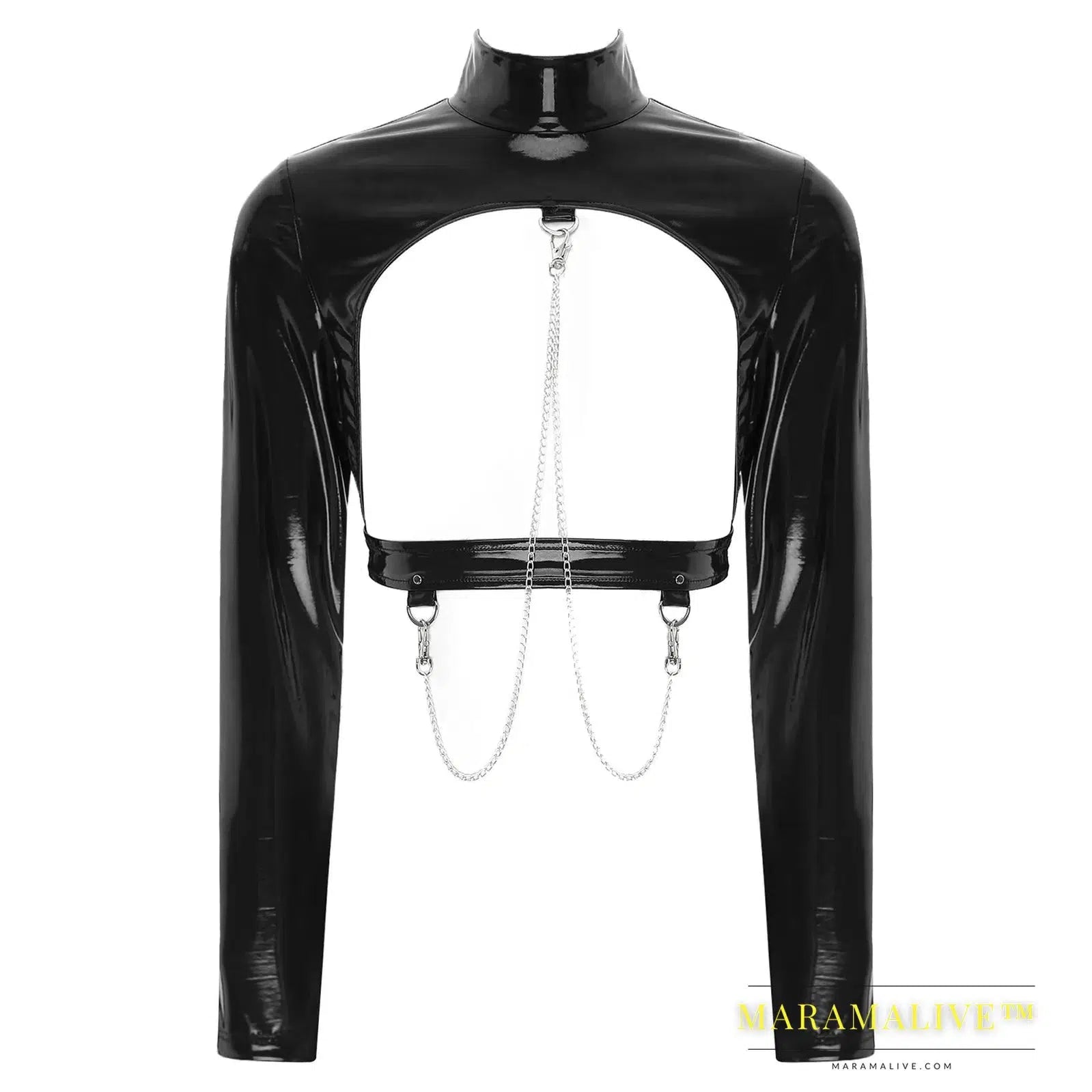 Womens Stand Collar Hollow Out Back Zipper T-shirt Crop Lingerie Open Chest Glossy Patent Leather Crop Top with Metal Chains