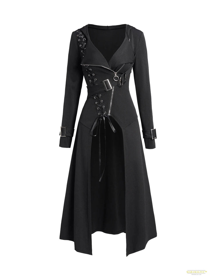 Women's Trench Coat Punk Gothic Hooded Coat Plain Color Lace Up Zip Coat Long Sleeve Fall Winter Longline Outwear пальто женское