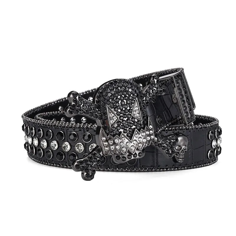 Women's Unique Skull Head Buckle Rhinestone Belt - Y2K Shiny Rivet Design PU Belt