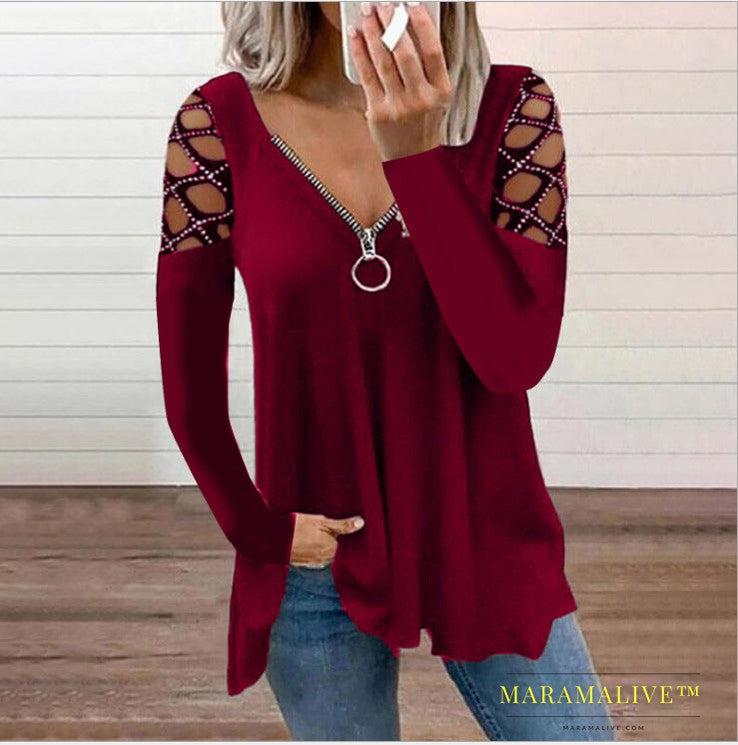 Women's V-neck Hollow-sleeve Rhinestone Casual Top