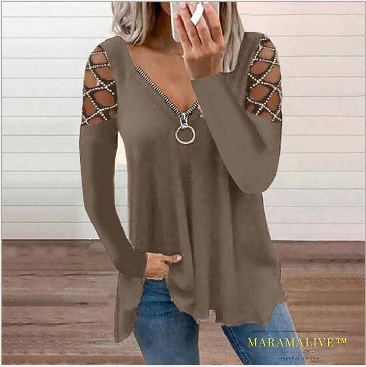 Women's V-neck Hollow-sleeve Rhinestone Casual Top