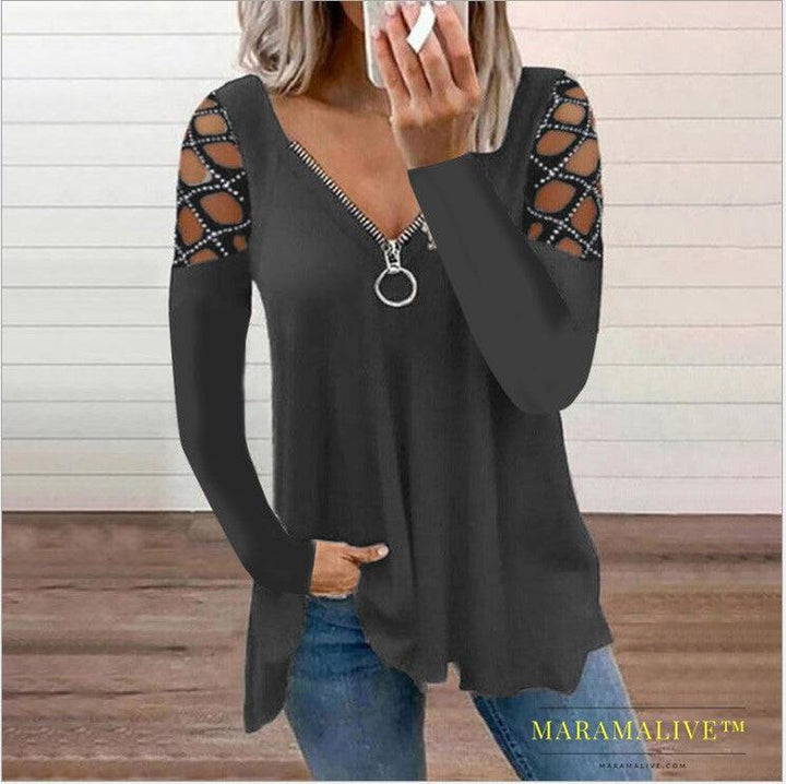 Women's V-neck Hollow-sleeve Rhinestone Casual Top