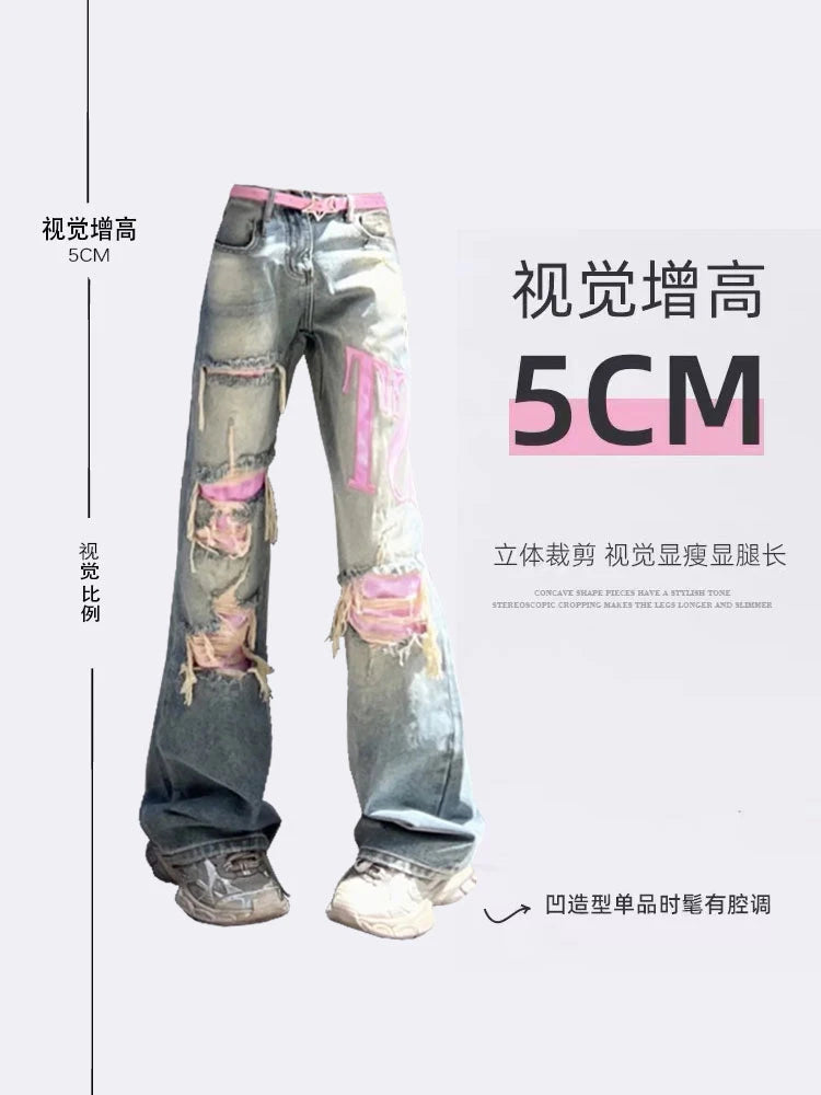 Women's Vintage Blue Ripped Jeans Baggy Denim Trousers 2000s High Waist Y2k Streetwear Female Punk Wide Leg Pants Clothes