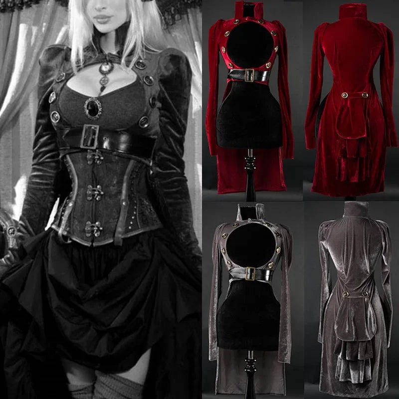 Womens Vintage Gothic Victorian Medieval Long Sleeves Tuxedo Coat Jacket Halloween Cosplay Costume Plus Size S -XXXL