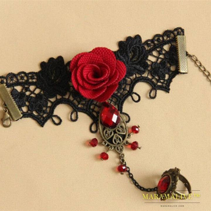 Womens Vintage Lace Red Rose Bracelet