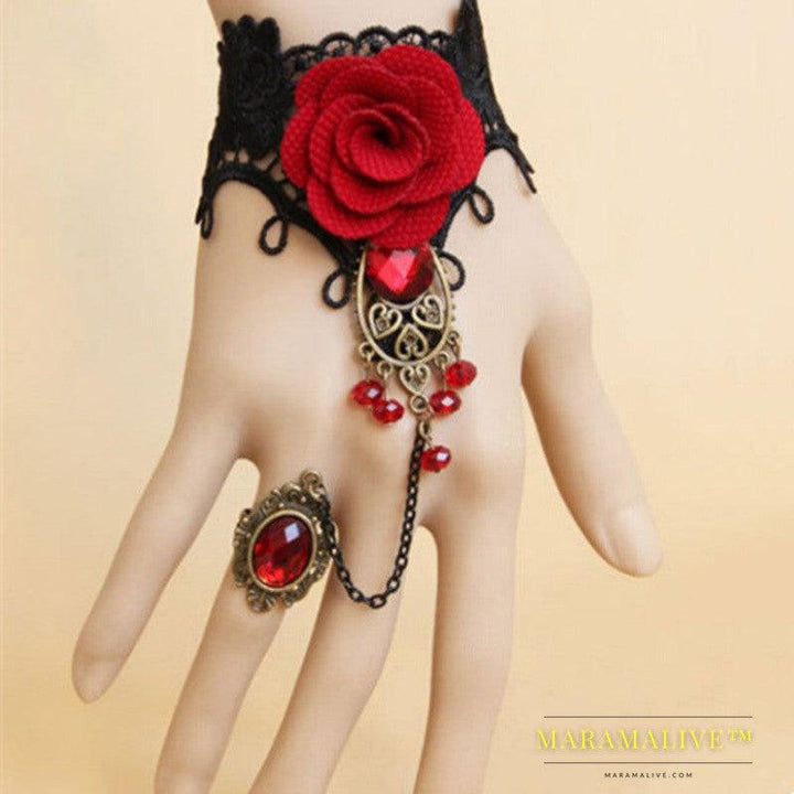 Womens Vintage Lace Red Rose Bracelet