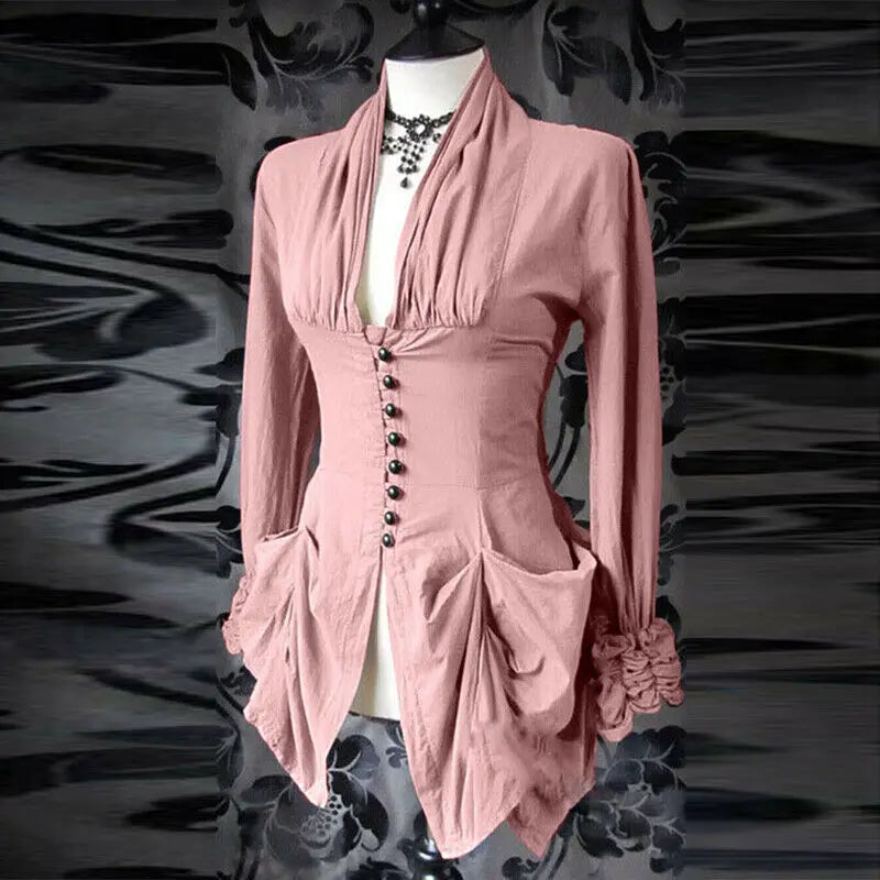 Womens Vintage Steampunk Gothic Ruffle Long Sleeve Victorian Top Blouse Shirt