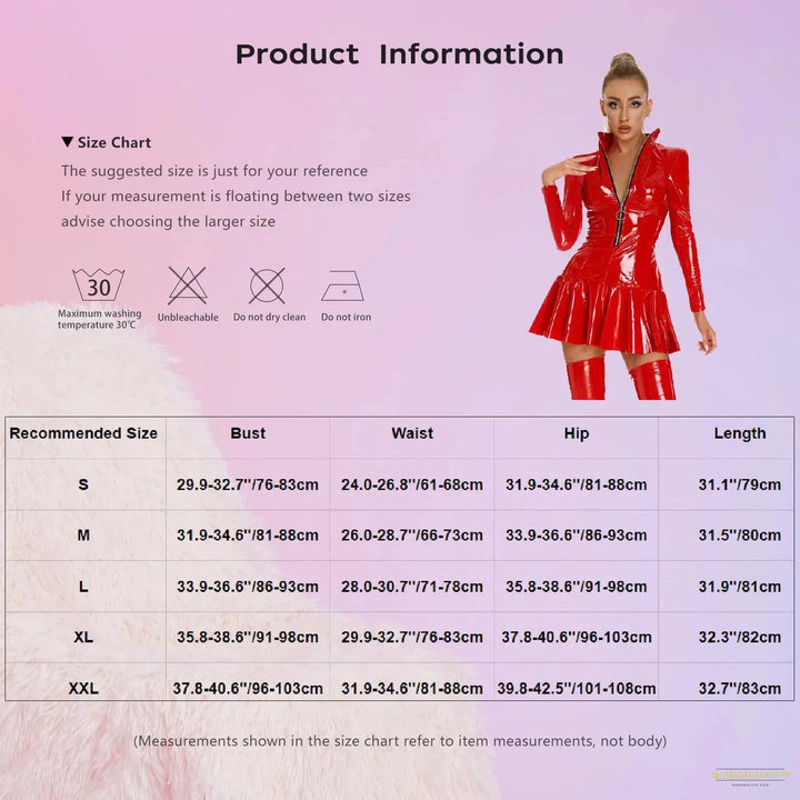 Women's Wet Look Latex Leather Bodycon Dress Turtleneck Front Zipper Mini Dress Glossy Rave Dance Carnival Performance Costume