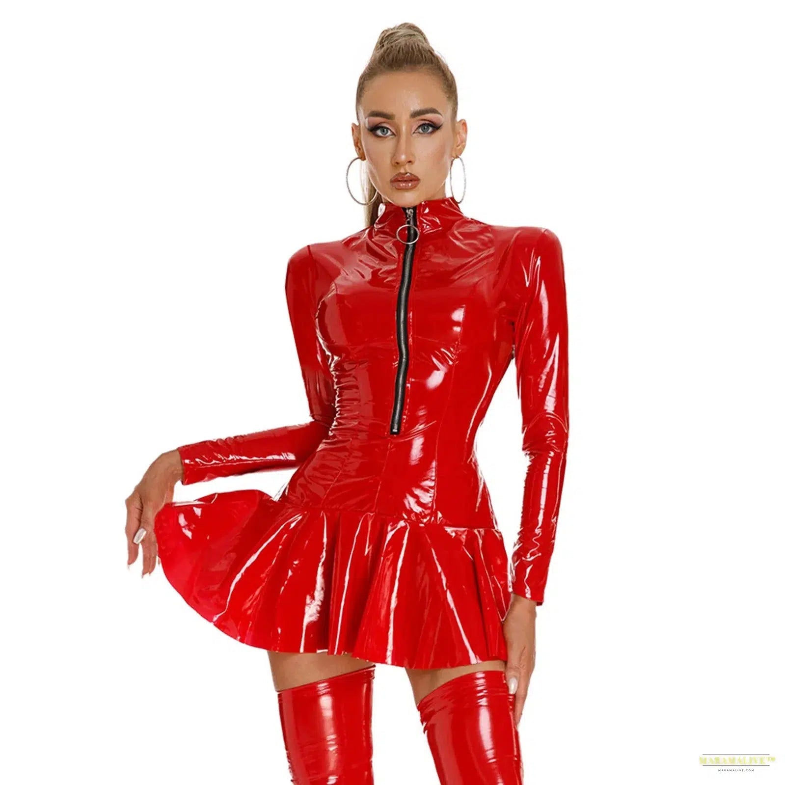 Women's Wet Look Latex Leather Bodycon Dress Turtleneck Front Zipper Mini Dress Glossy Rave Dance Carnival Performance Costume