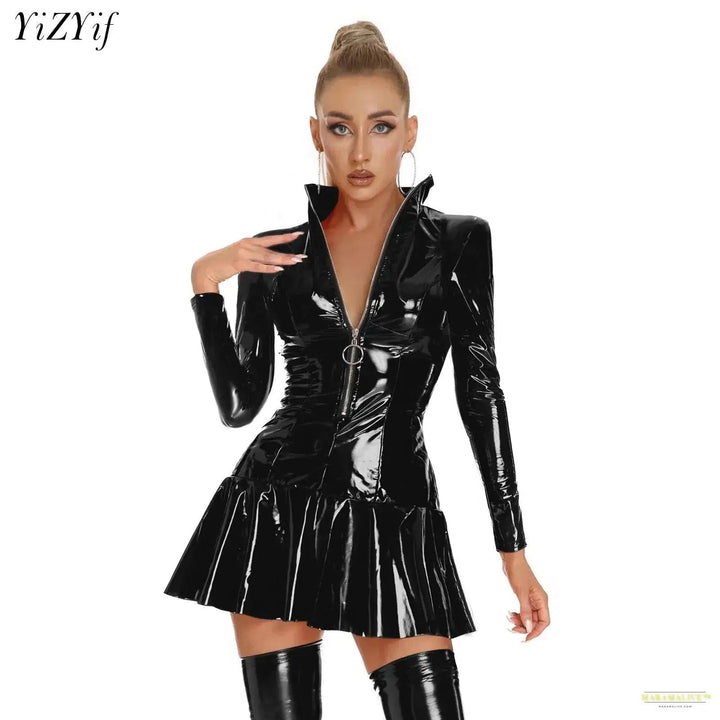 Women's Wet Look Latex Leather Bodycon Dress Turtleneck Front Zipper Mini Dress Glossy Rave Dance Carnival Performance Costume