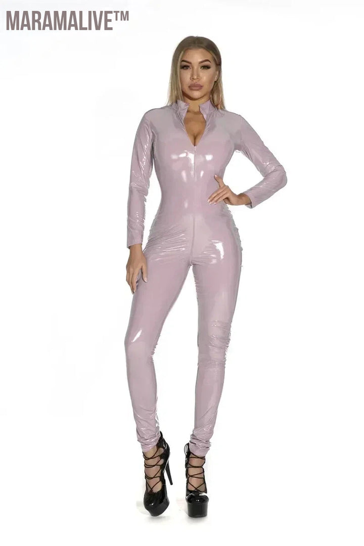 Women's Wet Look Shiny PU Faux Leather Jumpsuit Suit Long Sleeve Zipper Open Crotch Latex Bodysuit Clubwear Plus Size