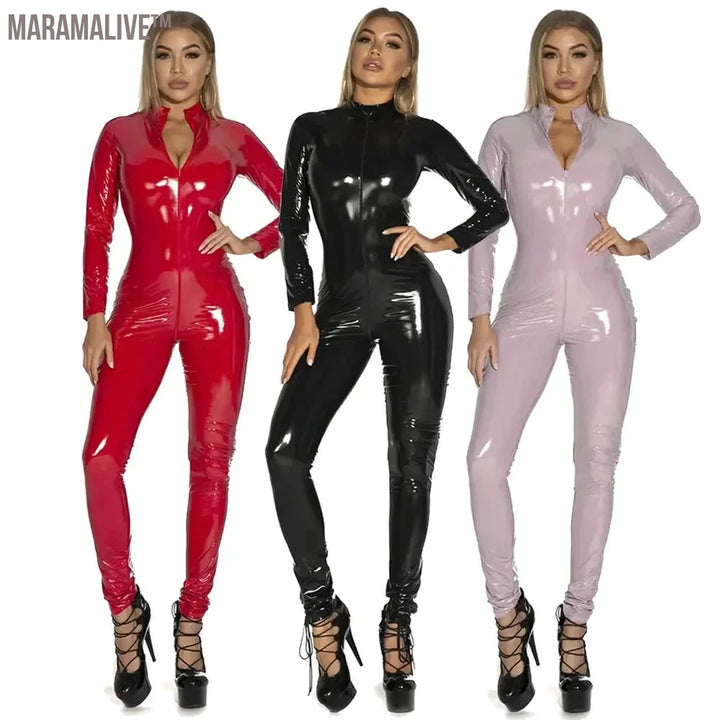 Women's Wet Look Shiny PU Faux Leather Jumpsuit Suit Long Sleeve Zipper Open Crotch Latex Bodysuit Clubwear Plus Size