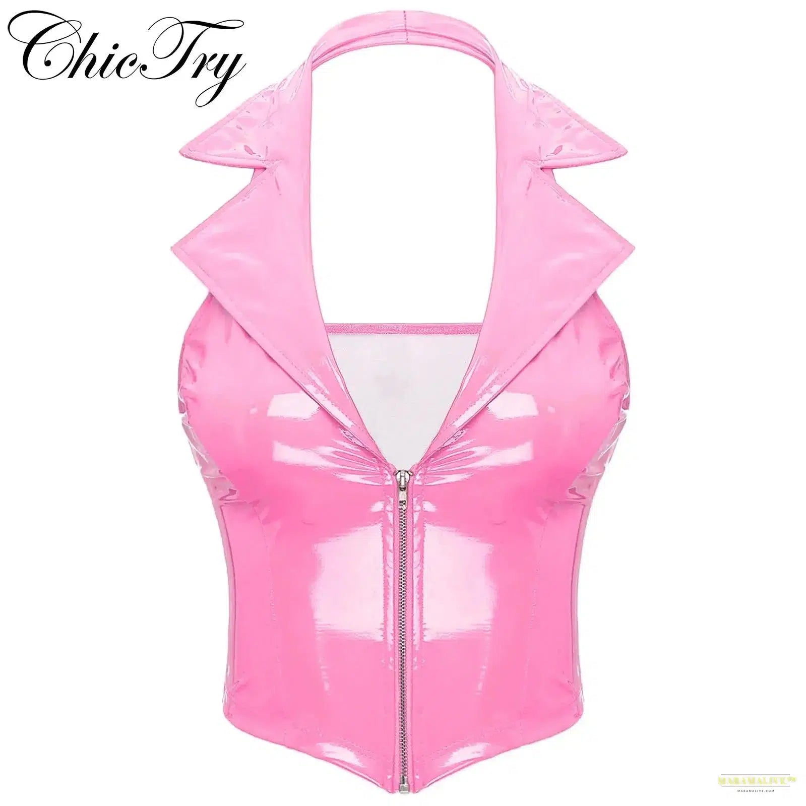 Womens Wetlook Latex Crop Tops Patent Leather Vest Halter Backless Deep V Neck Slim Fit Waistcoat Sexy Clubwear Party Pole Dance