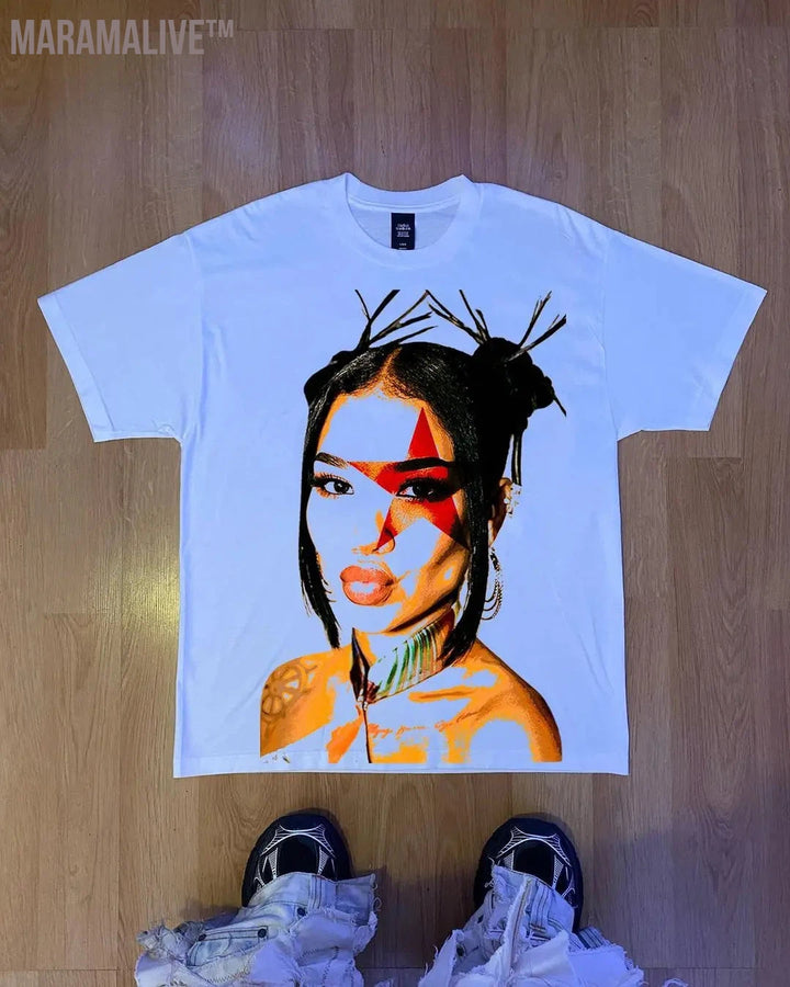 Women's White Headshot Cotton T-Shirt Vintage Clothes Gothic Oversized T Shirt Y2k Tops Couple Streetwear Grunge Clothes