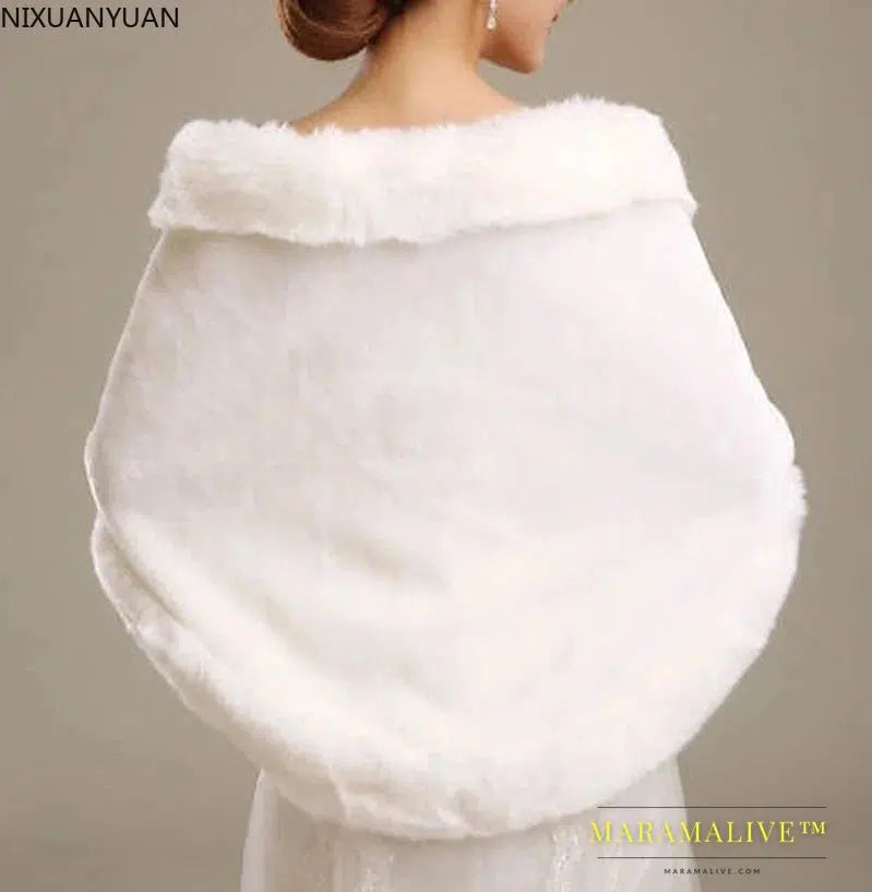 Womens White Ladies Wedding Shawl Faux Fur Cashmere Bride Cape Winter Shrug Bolero