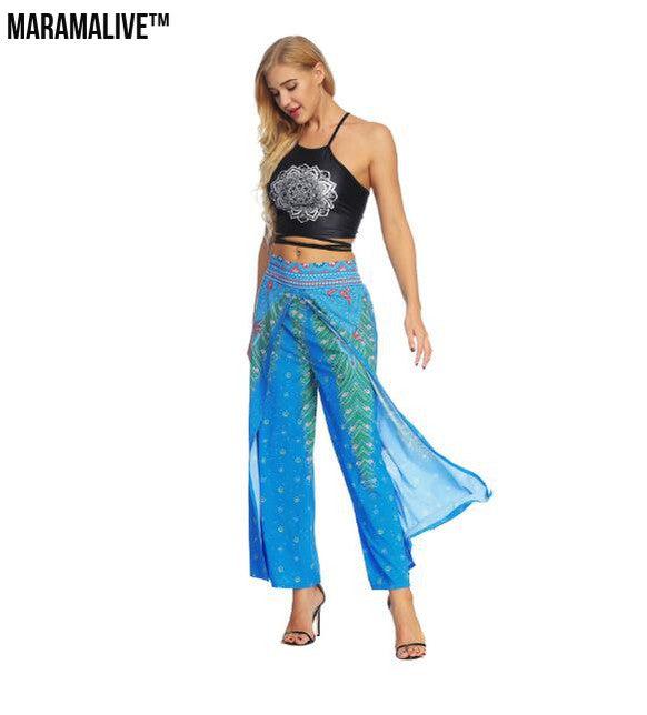 Women's Wide Leg Boho Yoga Harem Pants Comfy Gypsy Hippie Indian Thailand Bohemian Palazzo Pants Smocked Waist