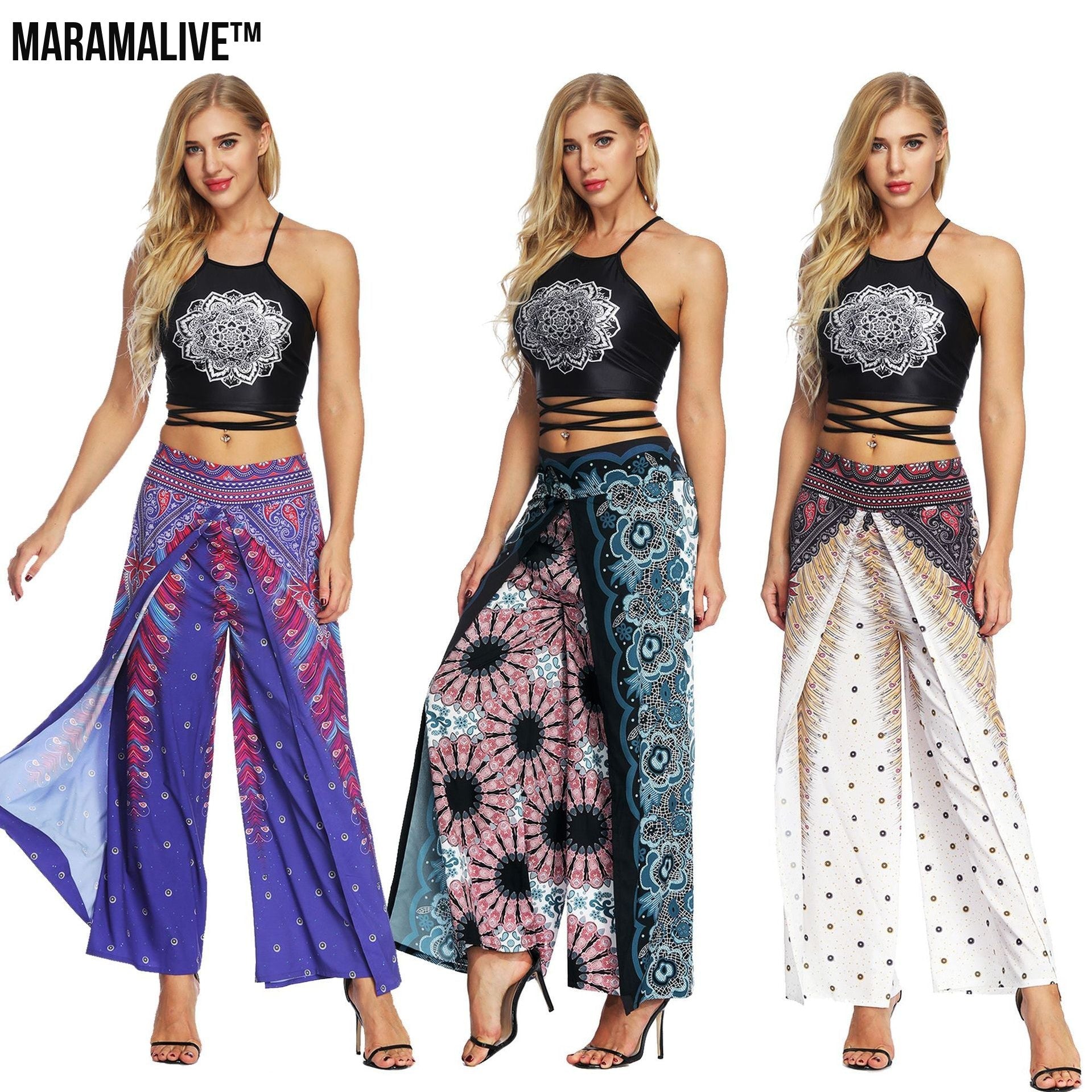 Women's Wide Leg Boho Yoga Harem Pants Comfy Gypsy Hippie Indian Thailand Bohemian Palazzo Pants Smocked Waist