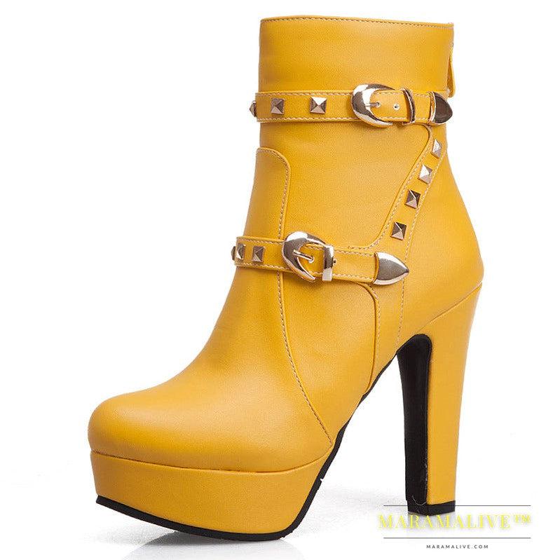 Women's studded thick heel short boots