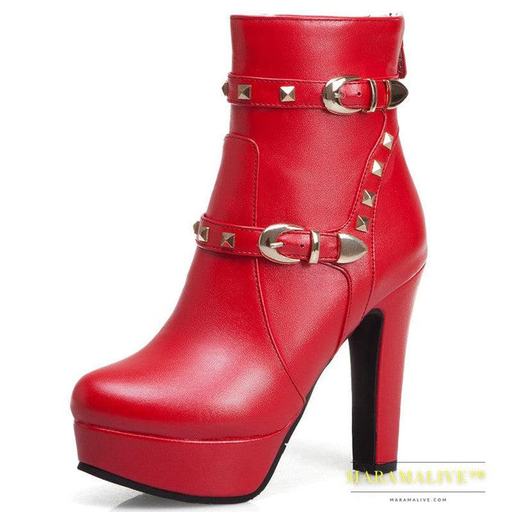 Women's studded thick heel short boots