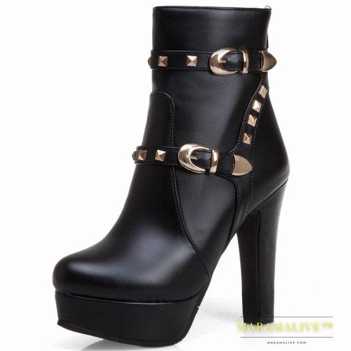 Women's studded thick heel short boots