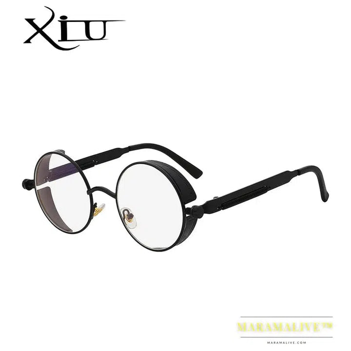 XIU Round Gothic Steampunk Sunglasses Men Vintage Metal Clear Lens Glasses Spring Hinge Oculos UV400 Lunette