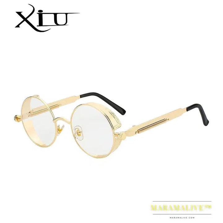 XIU Round Gothic Steampunk Sunglasses Men Vintage Metal Clear Lens Glasses Spring Hinge Oculos UV400 Lunette