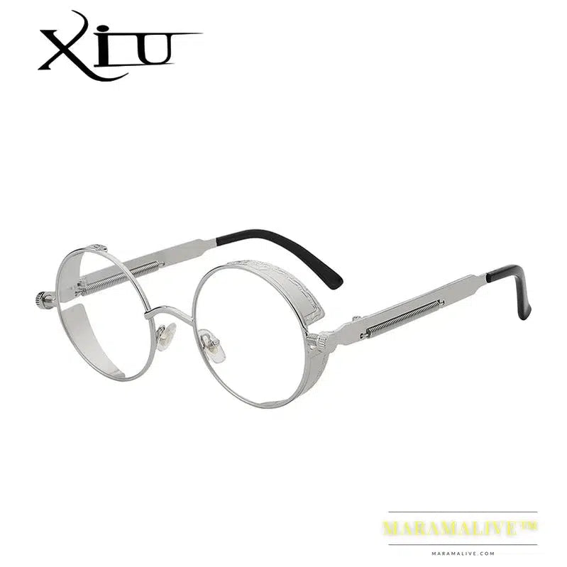 XIU Round Gothic Steampunk Sunglasses Men Vintage Metal Clear Lens Glasses Spring Hinge Oculos UV400 Lunette