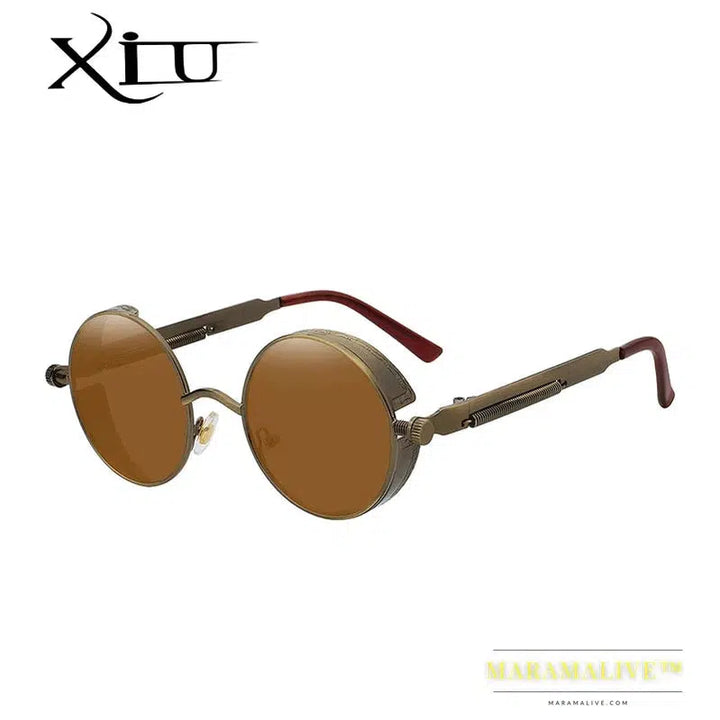 XIU Round Gothic Steampunk Sunglasses Men Vintage Metal Clear Lens Glasses Spring Hinge Oculos UV400 Lunette