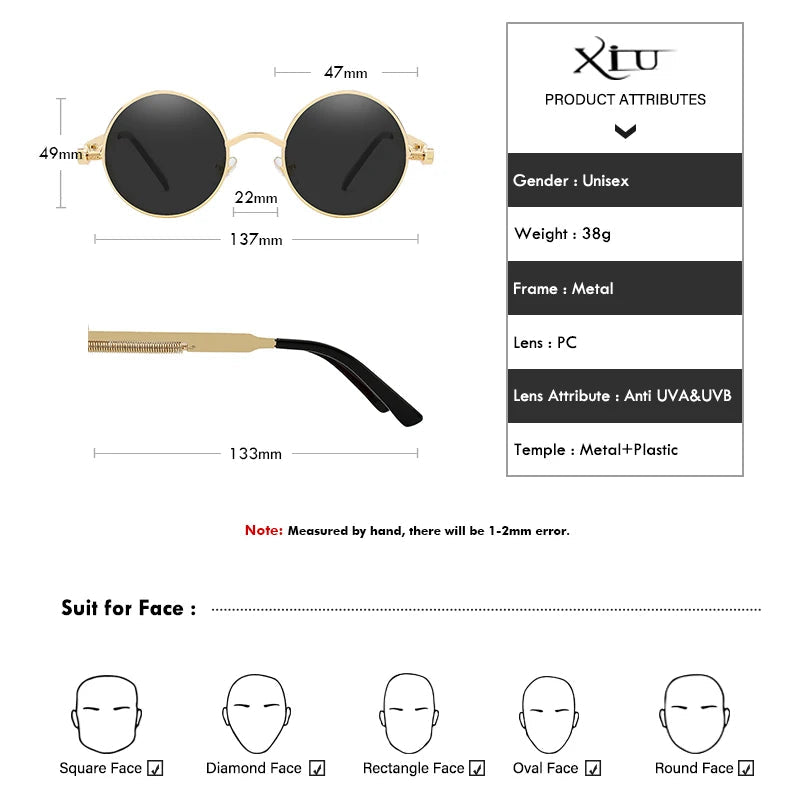 XIU Round Gothic Steampunk Sunglasses Men Vintage Metal Clear Lens Glasses Spring Hinge Oculos UV400 Lunette