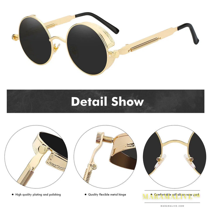 XIU Round Gothic Steampunk Sunglasses Men Vintage Metal Clear Lens Glasses Spring Hinge Oculos UV400 Lunette