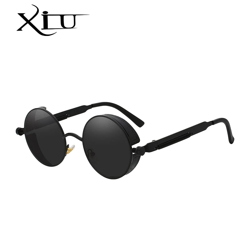 XIU Round Gothic Steampunk Sunglasses Men Vintage Metal Clear Lens Glasses Spring Hinge Oculos UV400 Lunette