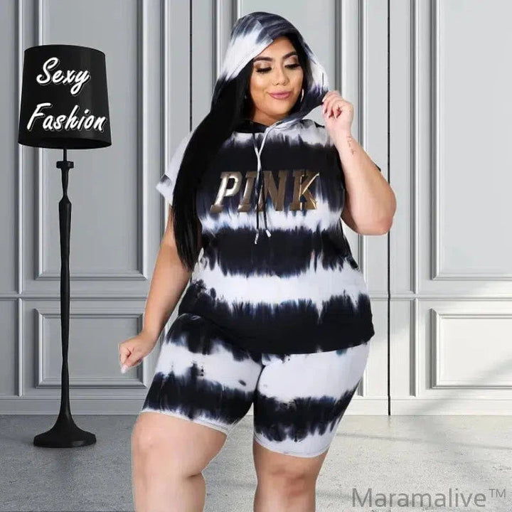 XL-4XL Plus Size Matching Sets Women Clothing Summer 2023 Fashion Tie Dye Hoodies Short Sleeve Two Piece Sets Female Outfits