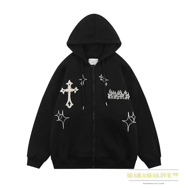 Y2K Aesthetic Vintage Slim Sweatshirts Embroidery Graphic Pattern Zip Up Hoodies 2000s Retro Grunge Mall Goth Jacket Autumn Coat